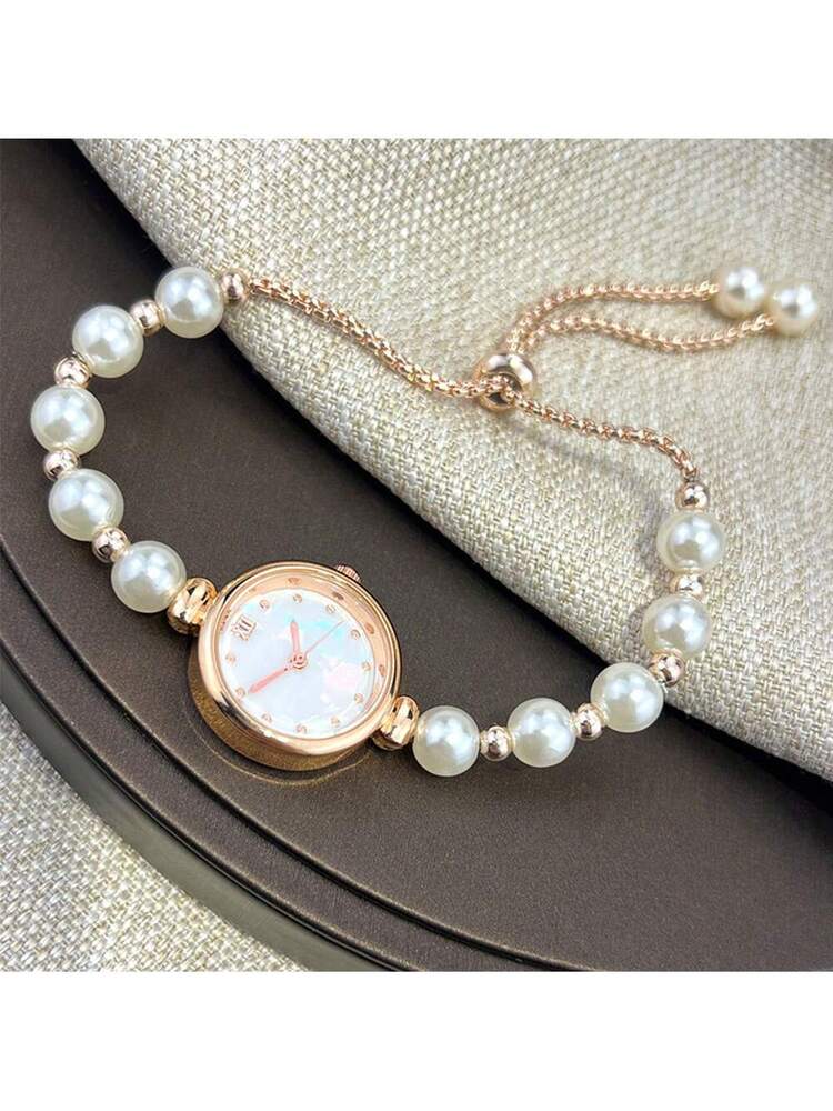 1pc Women Pearl Pull-Out Watch Chain, Exquisite Round Case, Fashion Metal Bracelet Watch, Suitable for Students