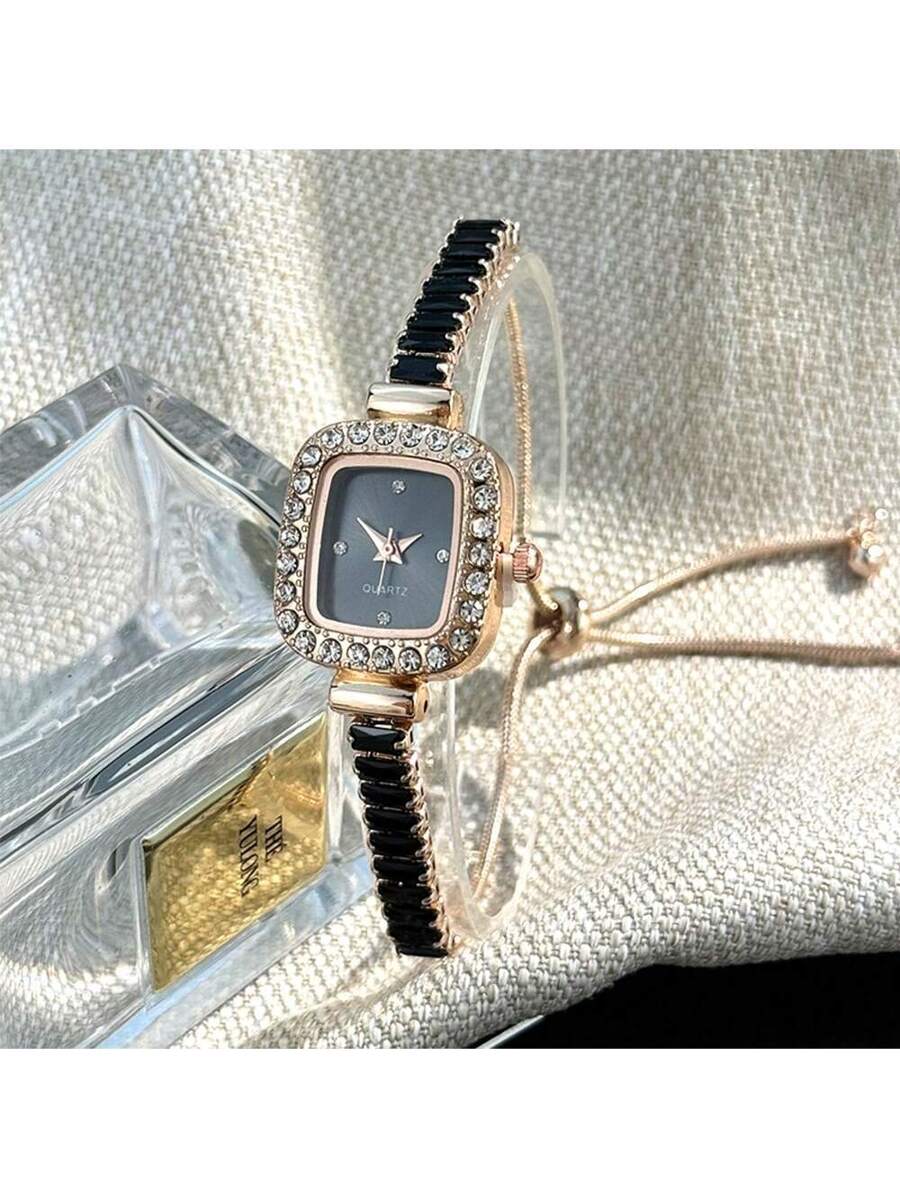 Bracelet Watch Women Adjustable Silver Tone Cubic Zirconia Rhinestone Alloy Case Elegant Quartz Minimalist Dial Gift for Daily Wear & Special Occasions 180+ Characters