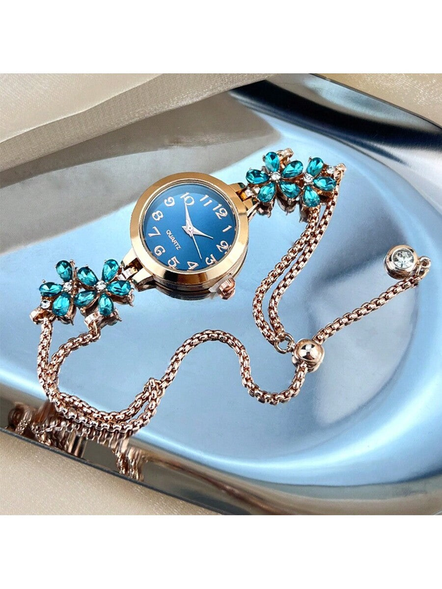 Women's Elegant Quartz Watch – Floral Crystal Bracelet with Green Dial & Gold Accents
