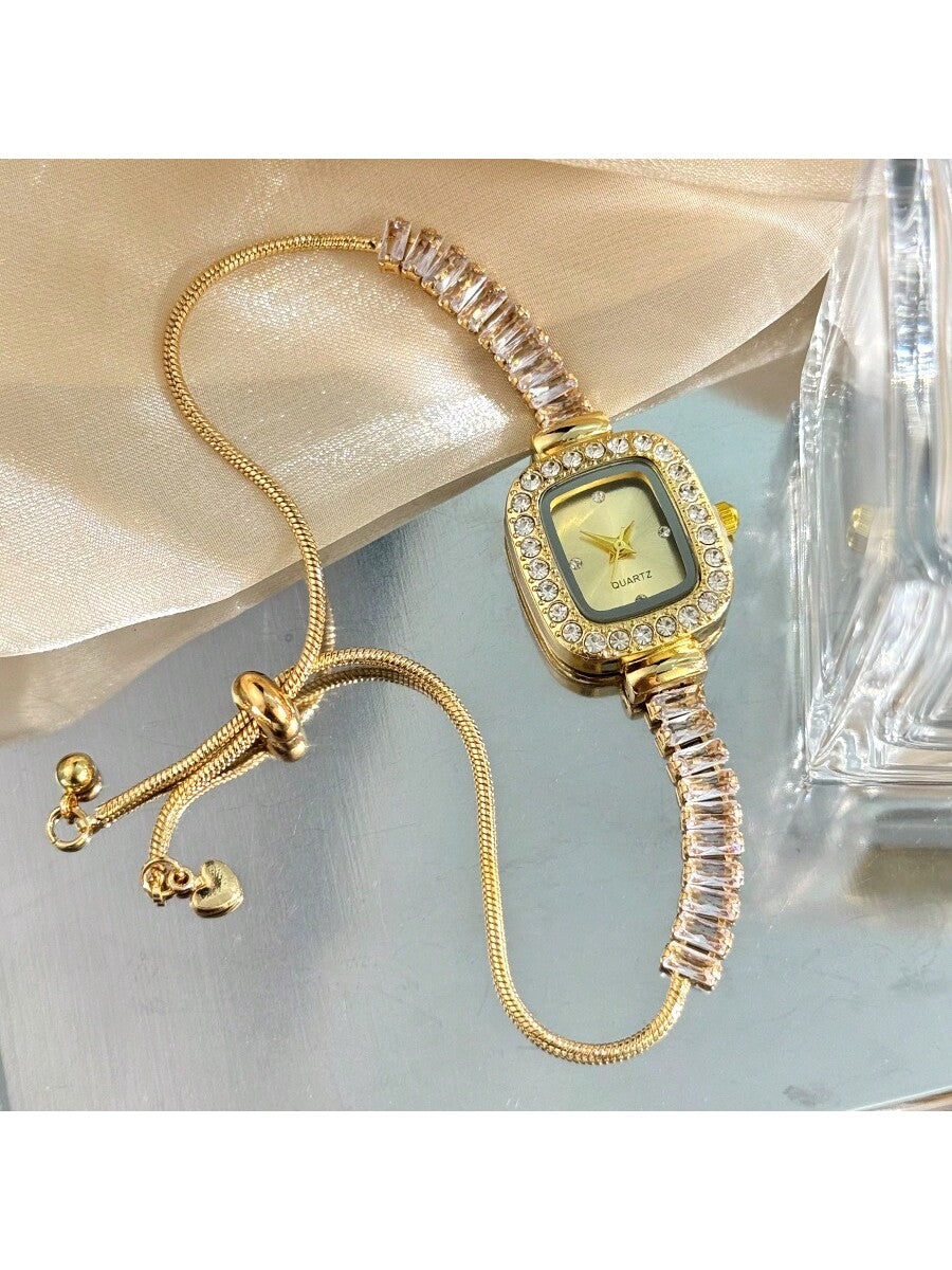 1pc Women's Black Cubic Zirconia Embellished Adjustable Bracelet Watch