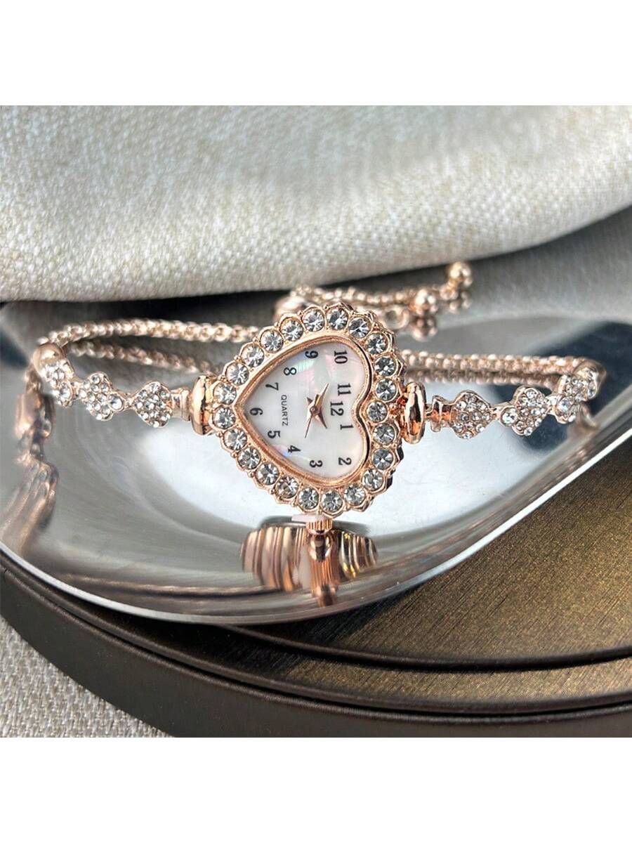 Women's Rhinestone Watch - Arabic Numerals & Heart Dial - Quartz Fashion Chain Bracelet - Elegant & Convenient Daily Wear Timepiece - Gift for Her - Compatible
