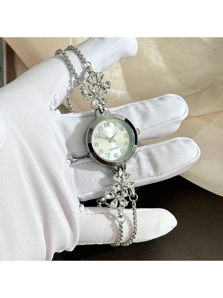 Women's Elegant Quartz Watch – Floral Crystal Bracelet with Green Dial & Gold Accents