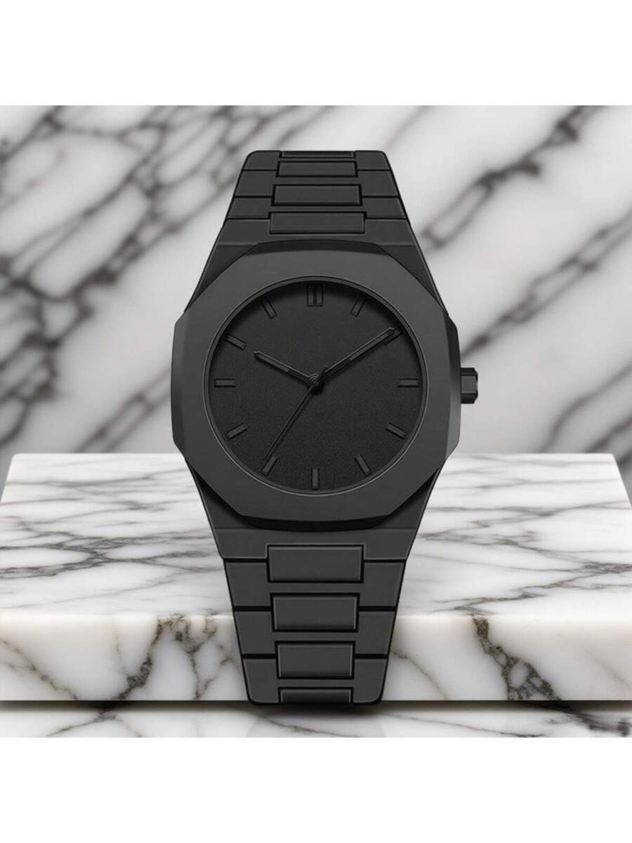 1 Piece Men's And Women's Black Rubber Strap Sporty, Casual, Creative Design, Adjustable Strap, Studded Round Dial Watch