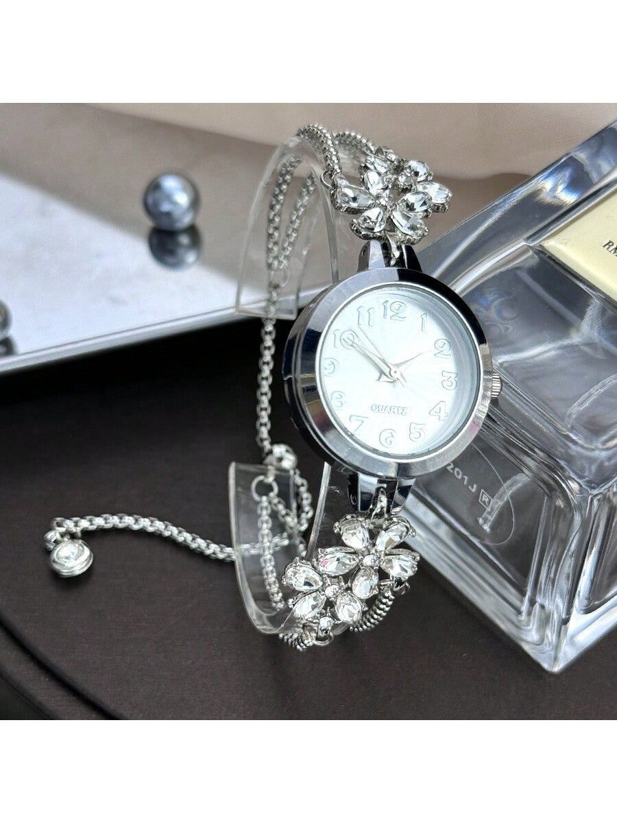 Women's Elegant Quartz Watch – Floral Crystal Bracelet with Green Dial & Gold Accents