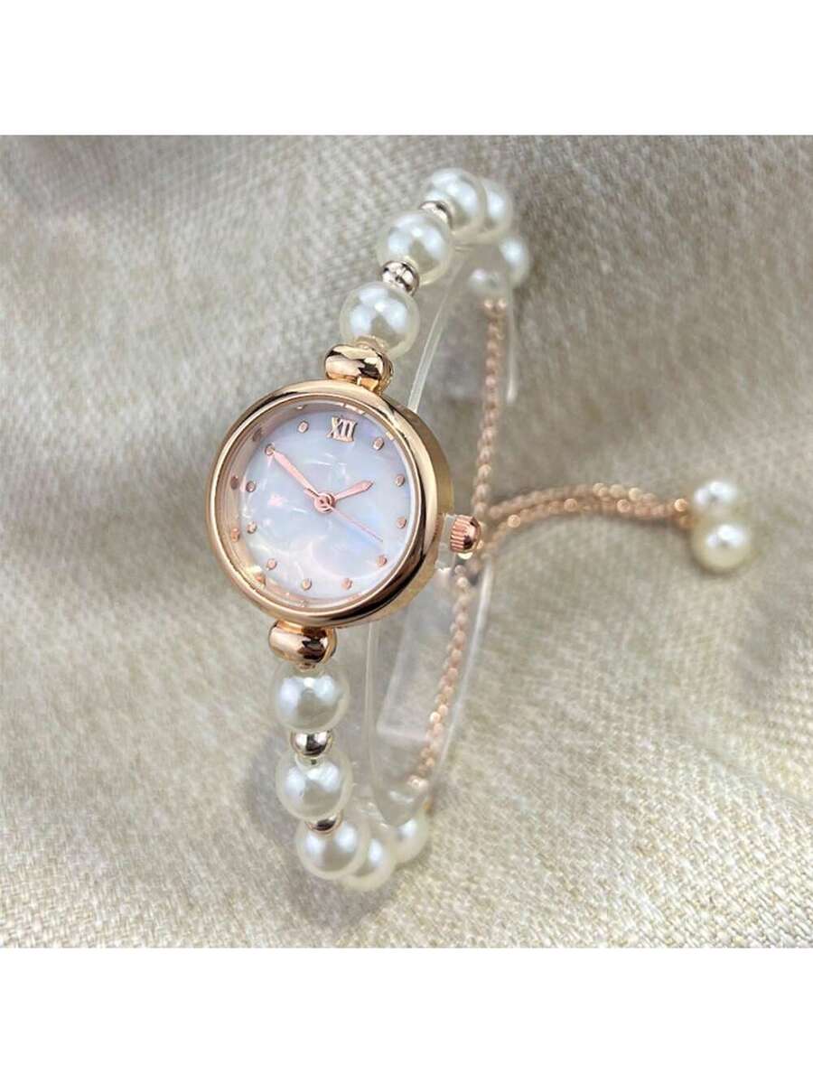 1pc Women Pearl Pull-Out Watch Chain, Exquisite Round Case, Fashion Metal Bracelet Watch, Suitable for Students