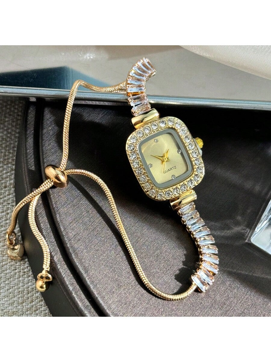 1pc Women's Black Cubic Zirconia Embellished Adjustable Bracelet Watch