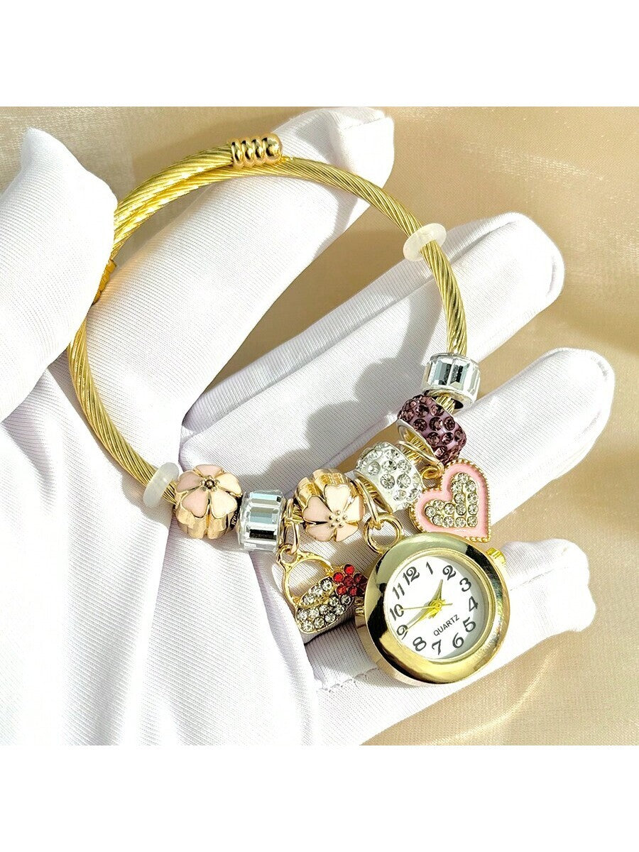 Women's Fashionable Stretch Bracelet Watch with Pink Heart, Floral, Rhinestone & Colorful Beads