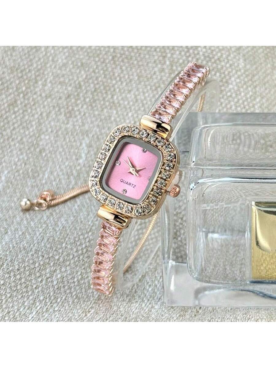 1pc Women's Black Cubic Zirconia Embellished Adjustable Bracelet Watch