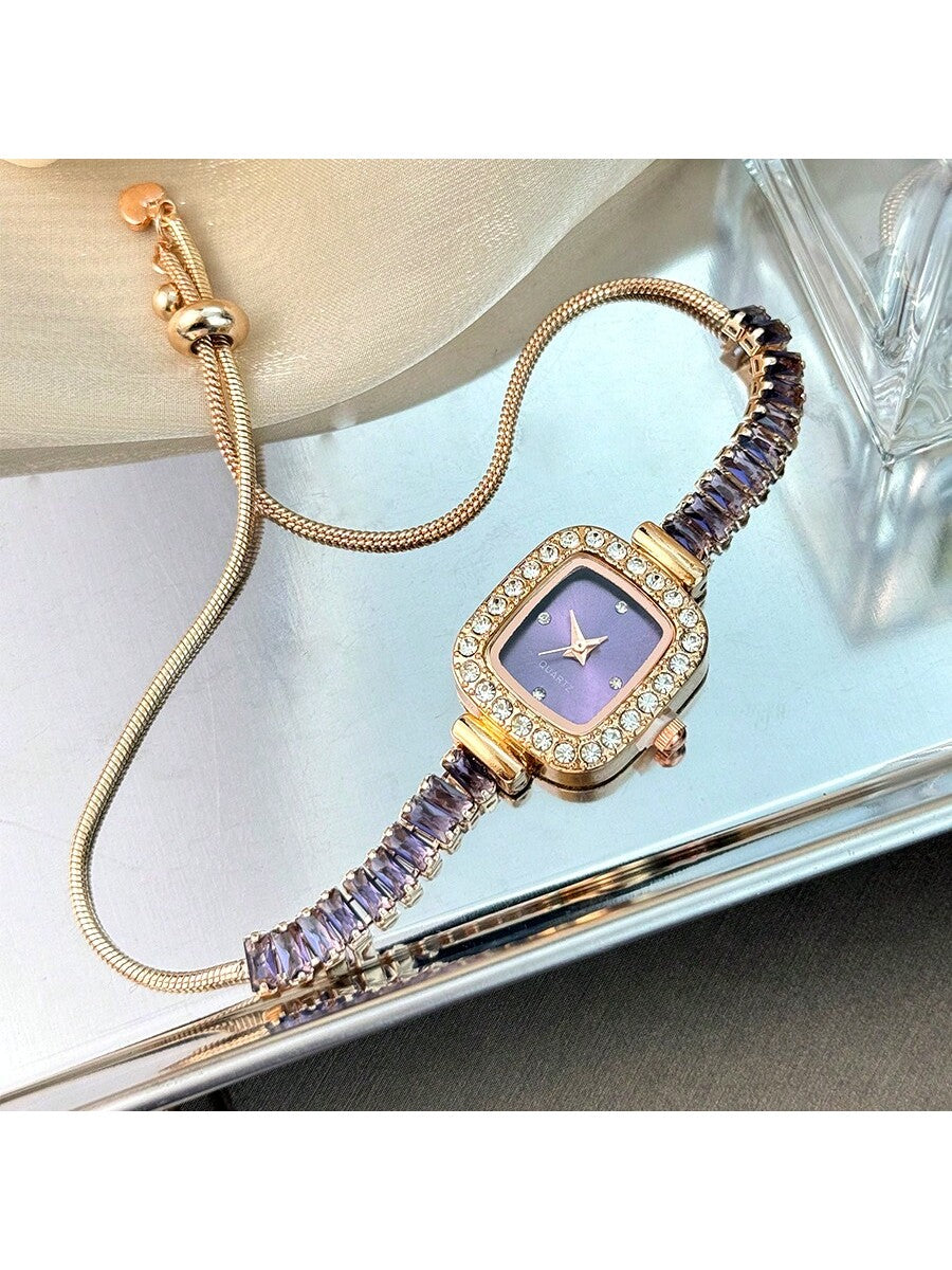 1pc Women's Black Cubic Zirconia Embellished Adjustable Bracelet Watch