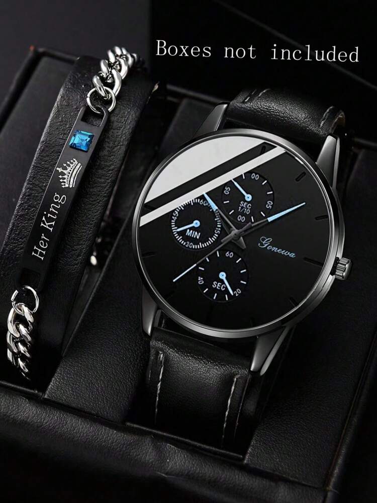 2Pcs Men's Black PU Leather Strap Fashionable Casual Classic Retro Three Eye Dial Quartz Watch Bracelet Set