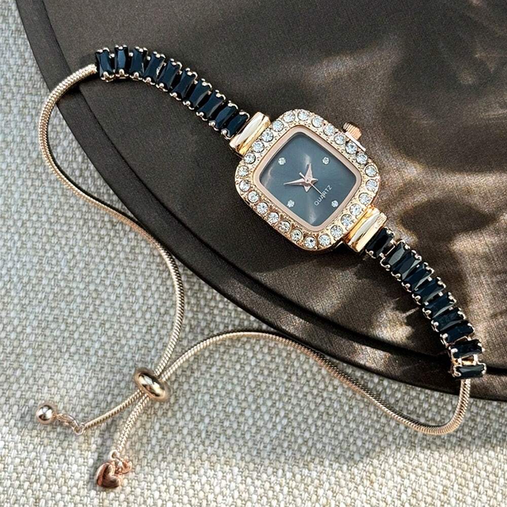 1pc Women's Black Cubic Zirconia Embellished Adjustable Bracelet Watch