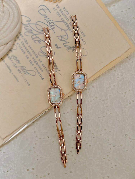 1pc Luxury Women Watch, Gold Tone, French Fashion Design Elegant, Petite, Rhinestone Embellished, Pearl Dial