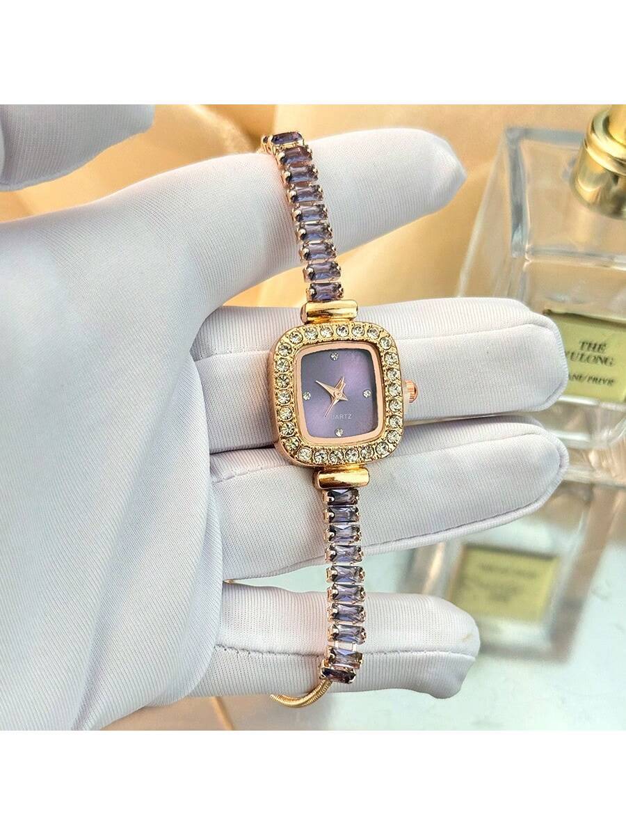 1pc Women's Black Cubic Zirconia Embellished Adjustable Bracelet Watch