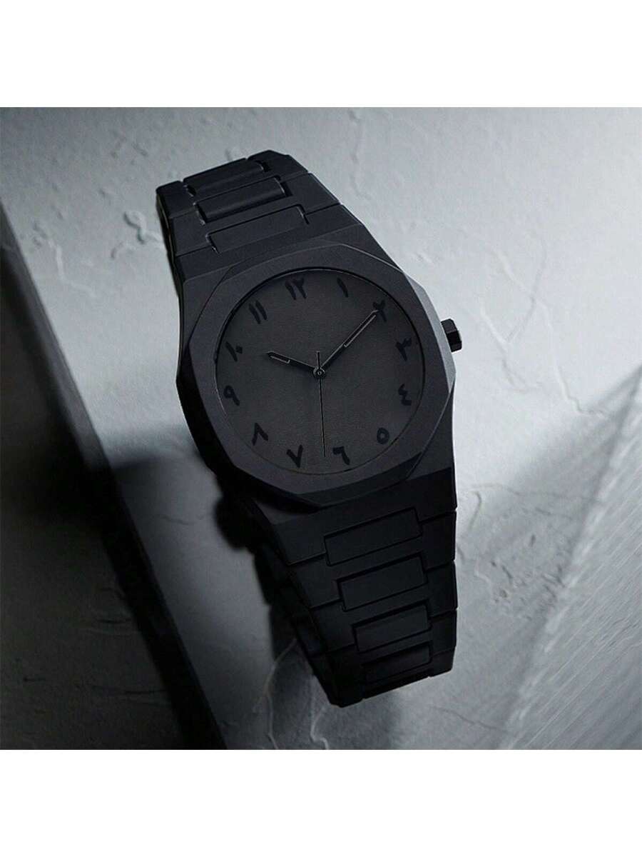 1 Piece Men's And Women's Black Rubber Strap Sporty, Casual, Creative Design, Adjustable Strap, Studded Round Dial Watch