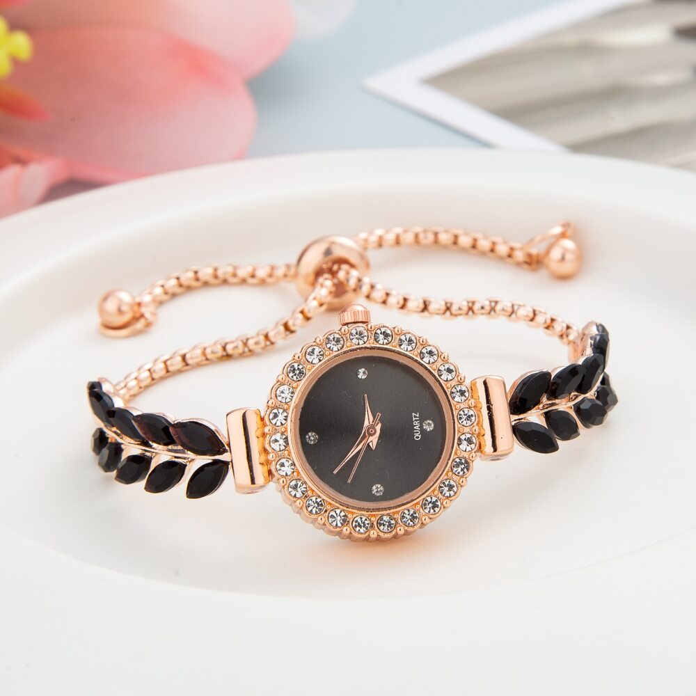 Women's Elegant Crystal Bracelet Watch – Round Dial, Leaf & Bead Strap Design