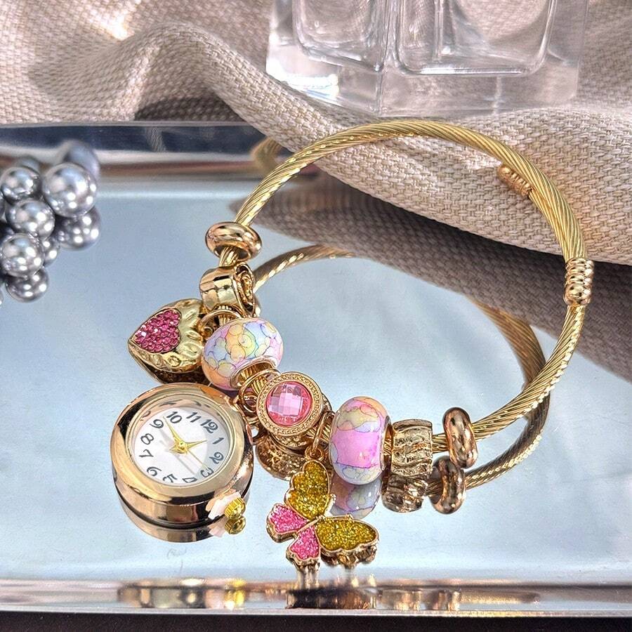Women's Fashionable Stretch Bracelet Watch with Pink Heart, Floral, Rhinestone & Colorful Beads