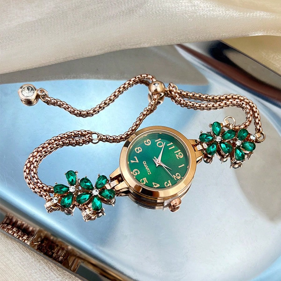 Women's Elegant Quartz Watch – Floral Crystal Bracelet with Green Dial & Gold Accents