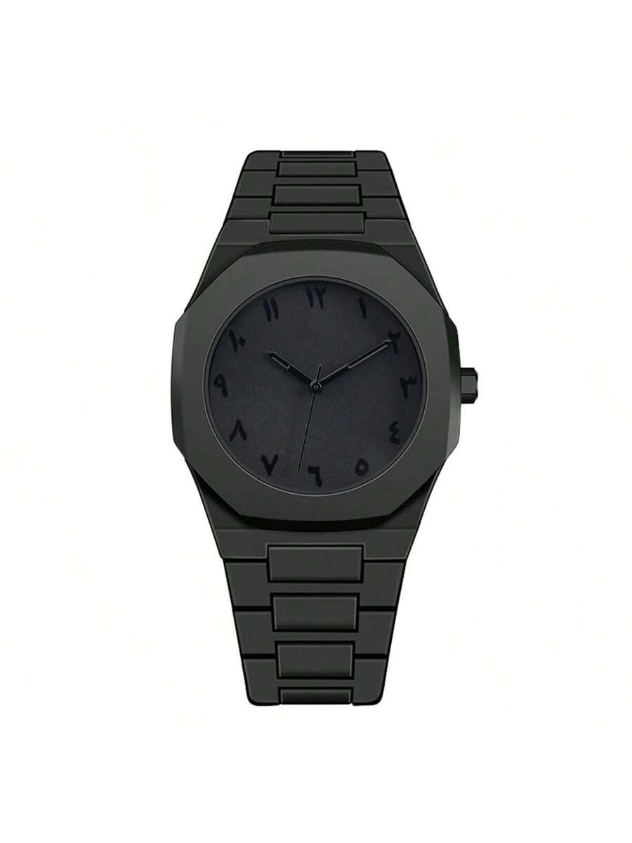 1 Piece Men's And Women's Black Rubber Strap Sporty, Casual, Creative Design, Adjustable Strap, Studded Round Dial Watch