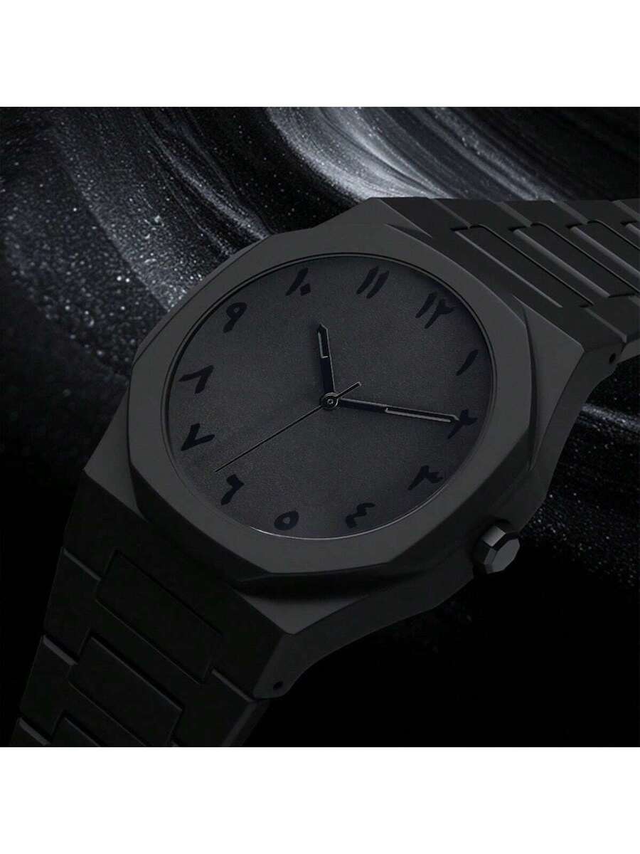 1 Piece Men's And Women's Black Rubber Strap Sporty, Casual, Creative Design, Adjustable Strap, Studded Round Dial Watch