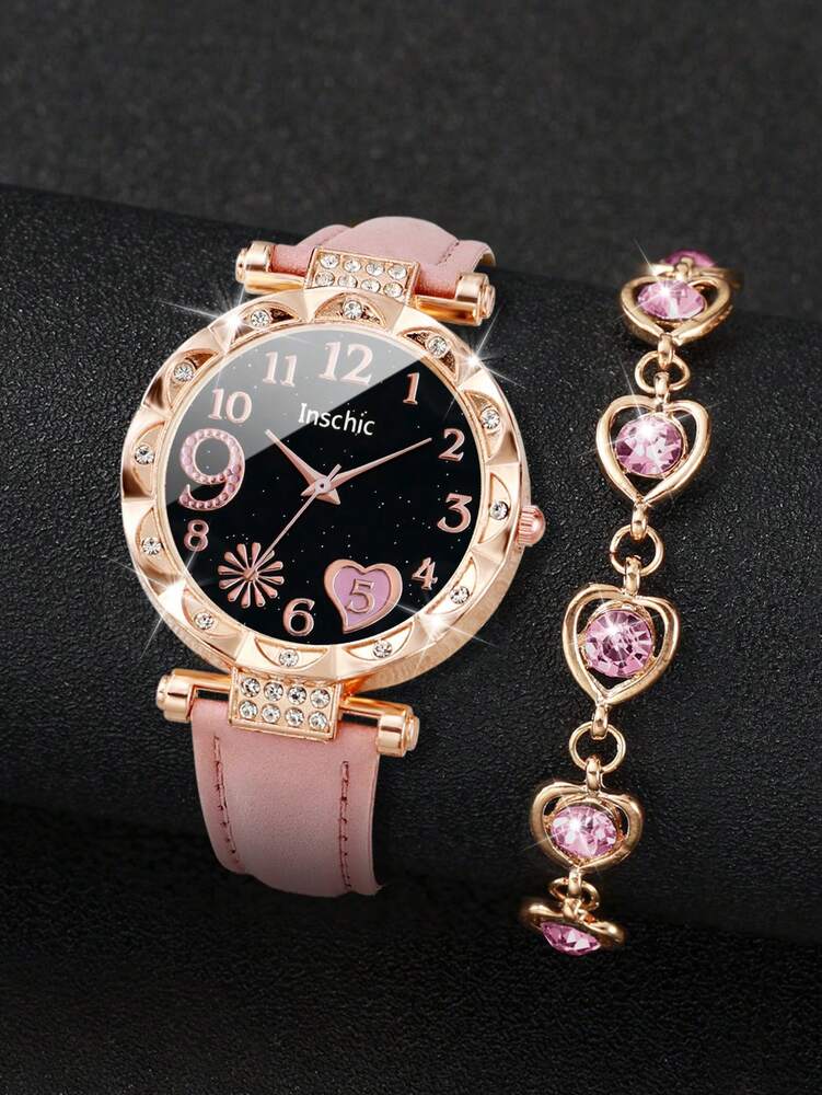 Women’s Rhinestone Heart Dial Watch Set – Elegant Pink Strap & Matching Heart Bracelet