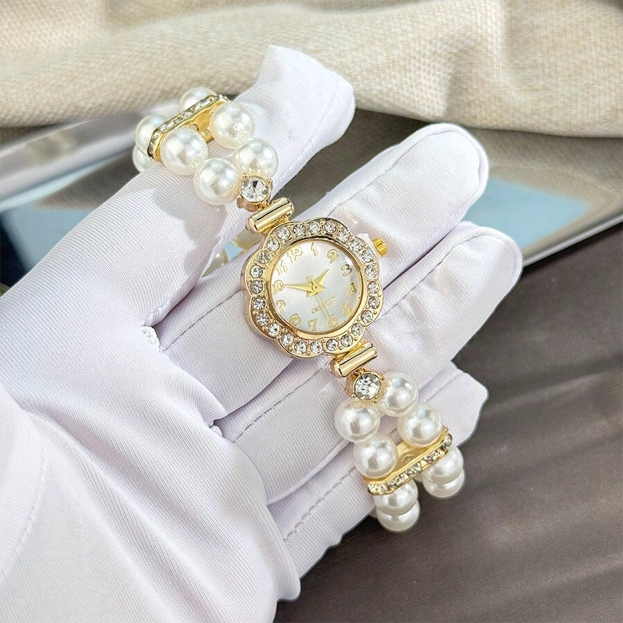 Women's Double Strand Pearl Bracelet Watch – Crystal-Embellished Dial, Elegant Elastic Fit