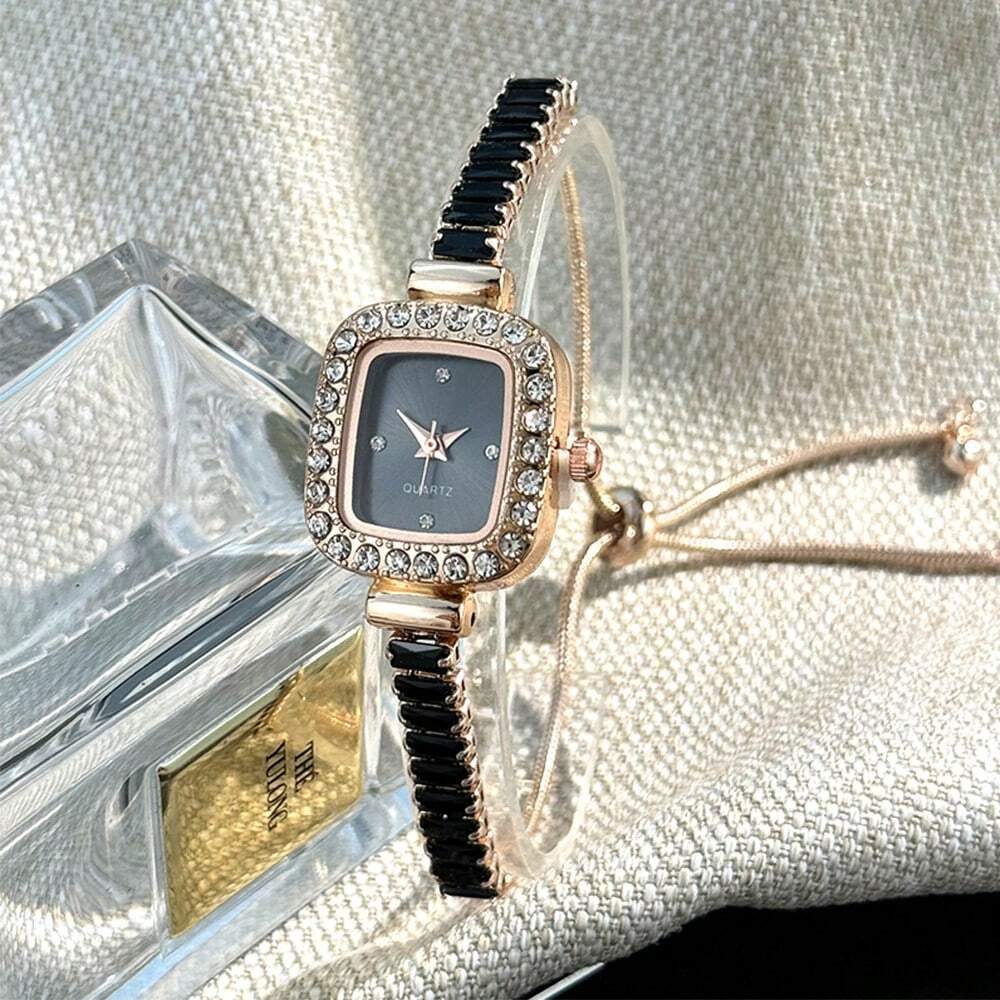 1pc Women's Black Cubic Zirconia Embellished Adjustable Bracelet Watch
