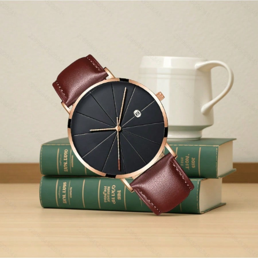 Men's Minimalist Waterproof Quartz Watch – Brown Leather Strap, Date Display, Modern Dial Design