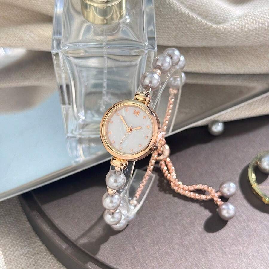 1pc Women Pearl Pull-Out Watch Chain, Exquisite Round Case, Fashion Metal Bracelet Watch, Suitable for Students