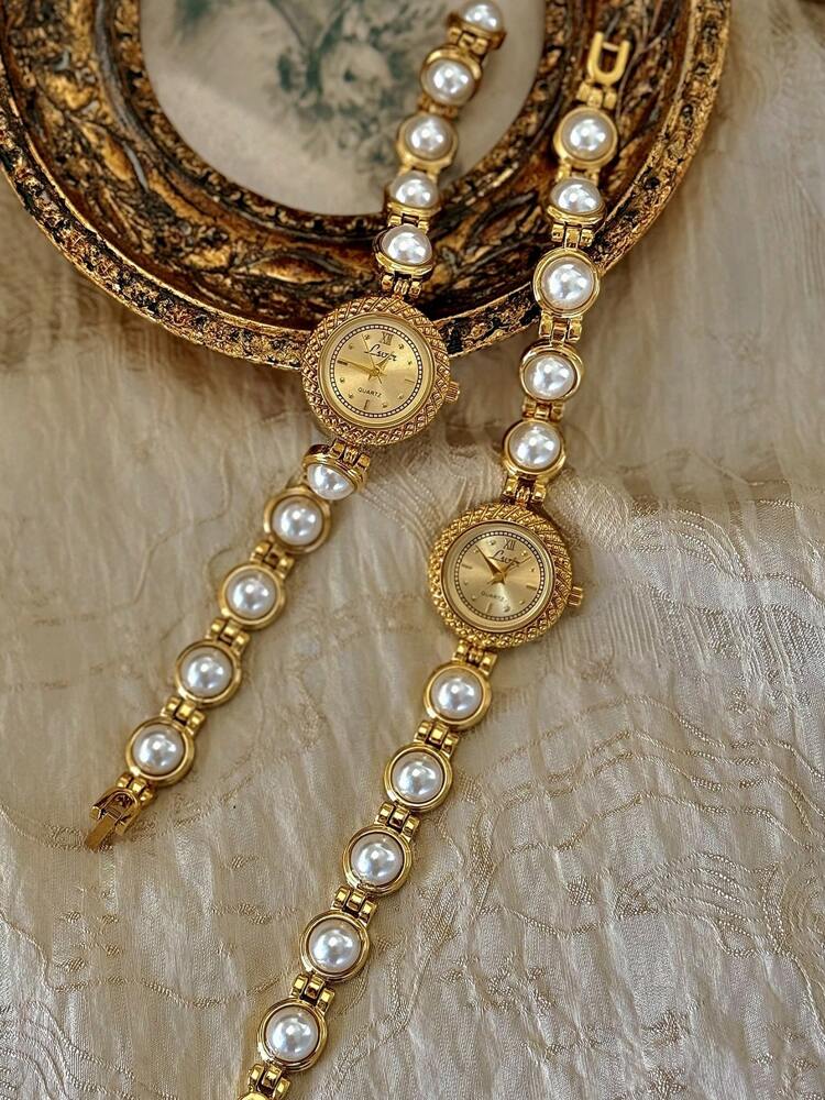 1pc Gold French Fashion Elegant Women Water-Resistant 30m Quartz Watch, With Pearl Strap, Bohemian Vintage Court Style Circular Quartz Wristwatch