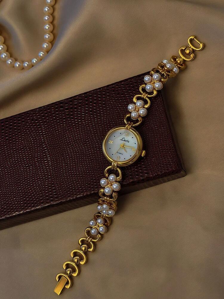 Women's Elegant Pearl Inlaid Luxury Quartz Watch – French Retro Style with Mother-of-Pearl Dial