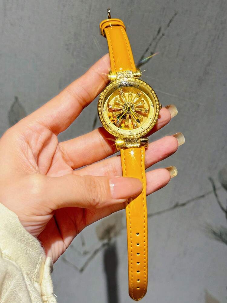 1pc Fashionable Women's Watch With Transparent Back, Rhinestone Inlaid, Rotating Galaxy Dial, Sunflower Design