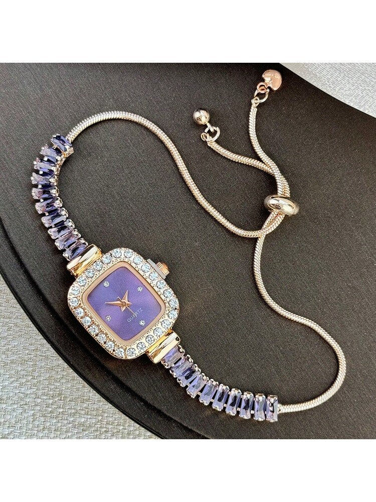 1pc Women's Black Cubic Zirconia Embellished Adjustable Bracelet Watch