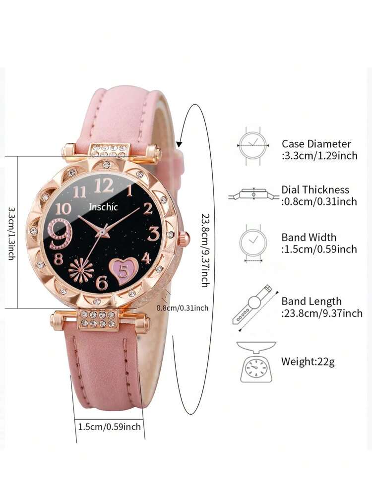 Women’s Rhinestone Heart Dial Watch Set – Elegant Pink Strap & Matching Heart Bracelet