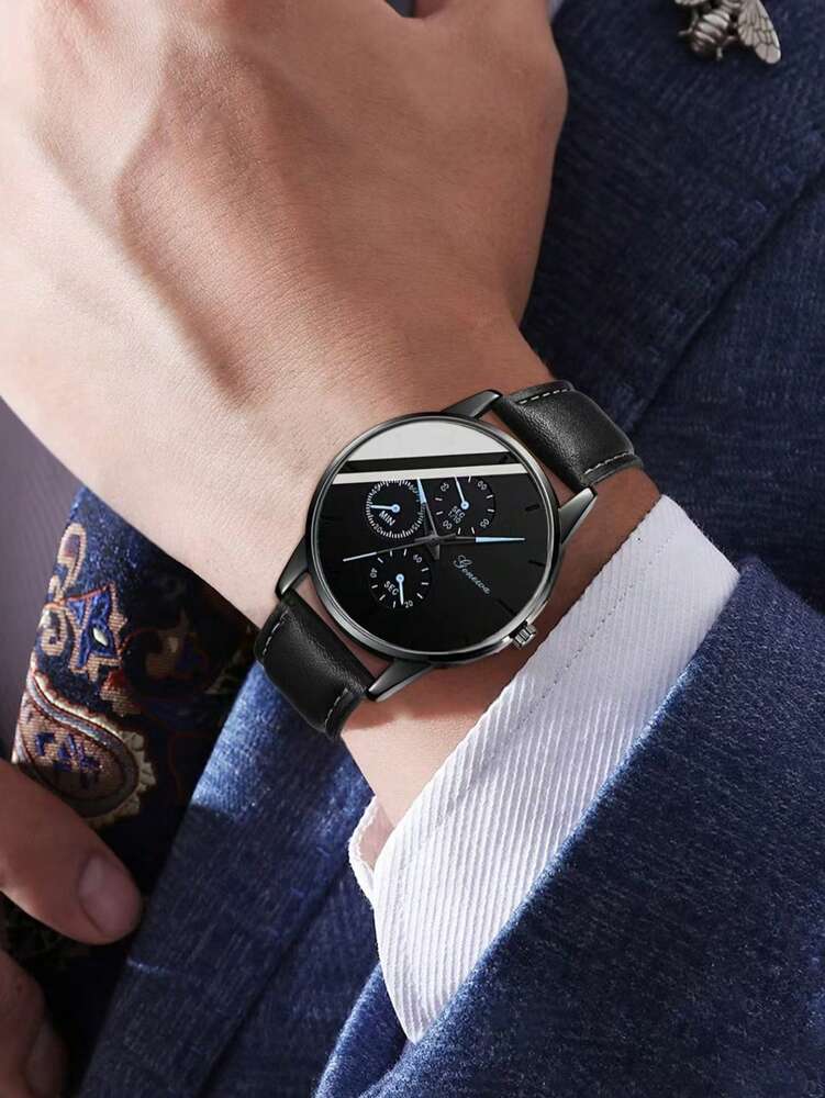2Pcs Men's Black PU Leather Strap Fashionable Casual Classic Retro Three Eye Dial Quartz Watch Bracelet Set