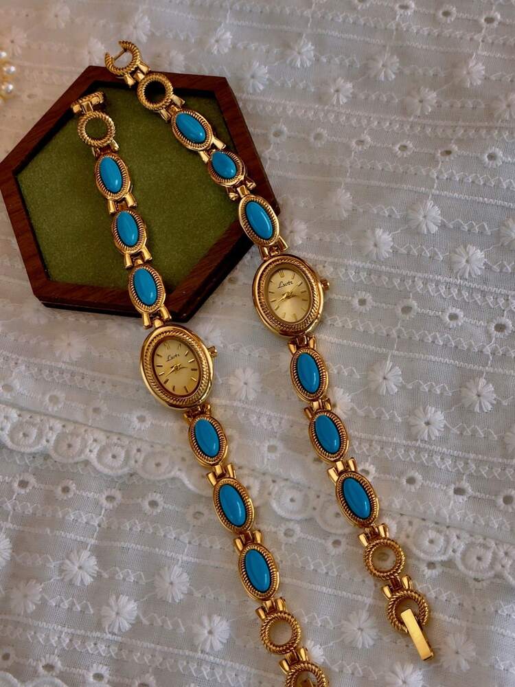 Ladies’ Vintage Turquoise Quartz Watch – Gold Oval Bracelet Design (30M Waterproof)