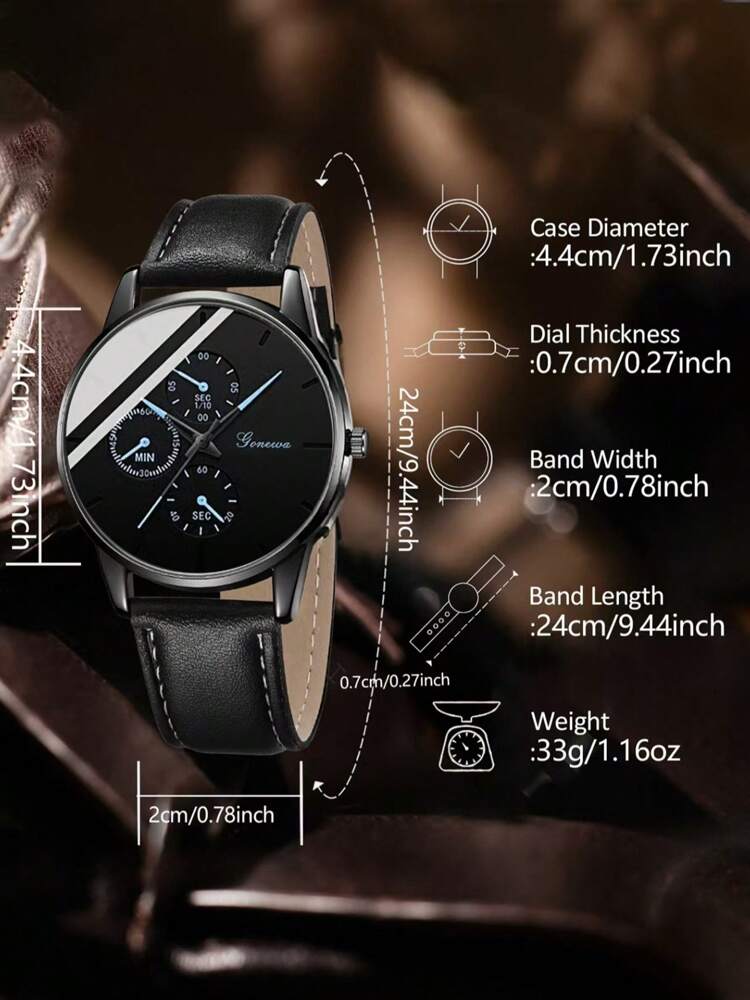 2Pcs Men's Black PU Leather Strap Fashionable Casual Classic Retro Three Eye Dial Quartz Watch Bracelet Set