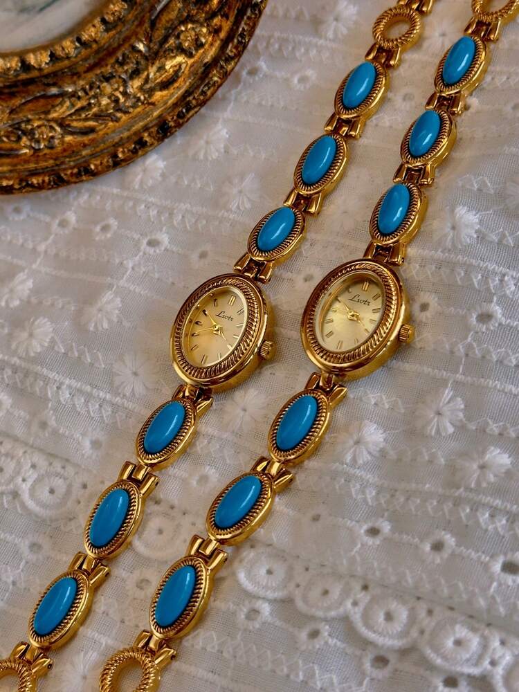 Ladies’ Vintage Turquoise Quartz Watch – Gold Oval Bracelet Design (30M Waterproof)