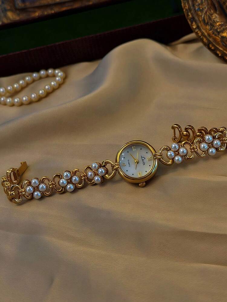 Women's Elegant Pearl Inlaid Luxury Quartz Watch – French Retro Style with Mother-of-Pearl Dial