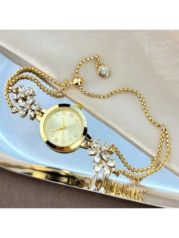 Women's Elegant Quartz Watch – Floral Crystal Bracelet with Green Dial & Gold Accents