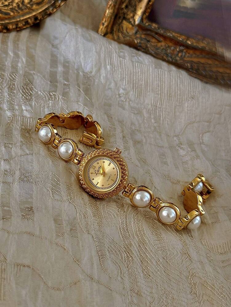 1pc Gold French Fashion Elegant Women Water-Resistant 30m Quartz Watch, With Pearl Strap, Bohemian Vintage Court Style Circular Quartz Wristwatch
