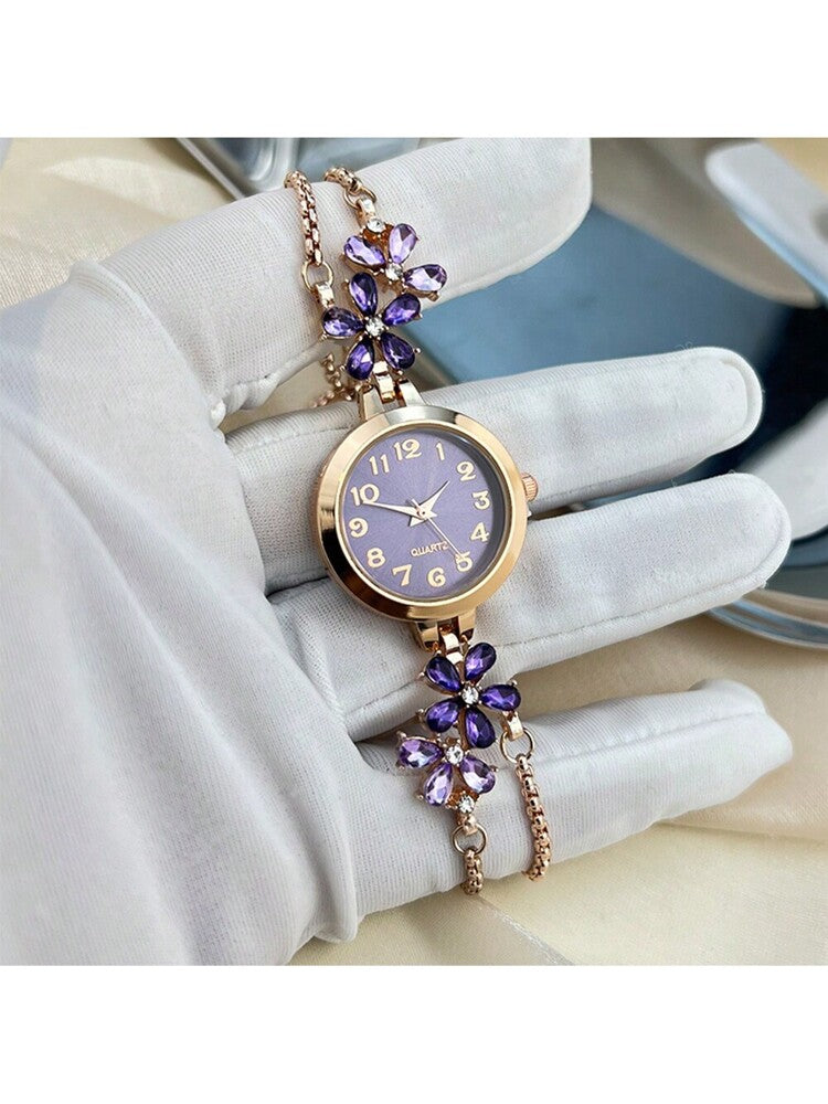 Women's Elegant Quartz Watch – Floral Crystal Bracelet with Green Dial & Gold Accents