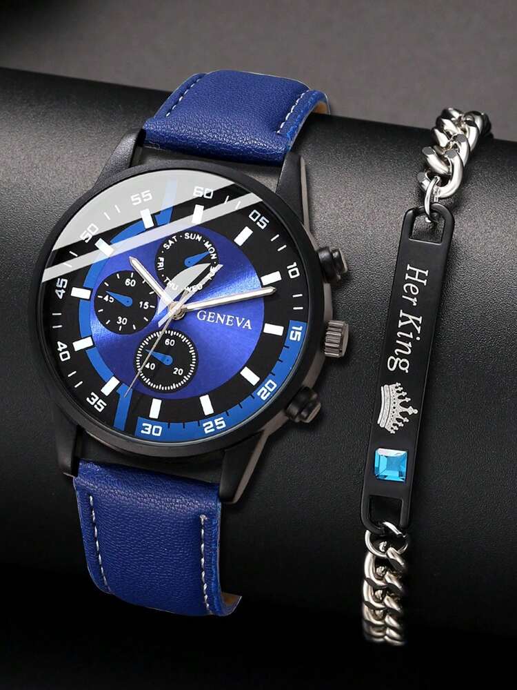 2Pcs Men's Black PU Leather Strap Fashionable Casual Classic Retro Three Eye Dial Quartz Watch Bracelet Set