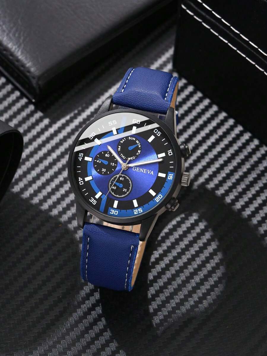 2Pcs Men's Black PU Leather Strap Fashionable Casual Classic Retro Three Eye Dial Quartz Watch Bracelet Set