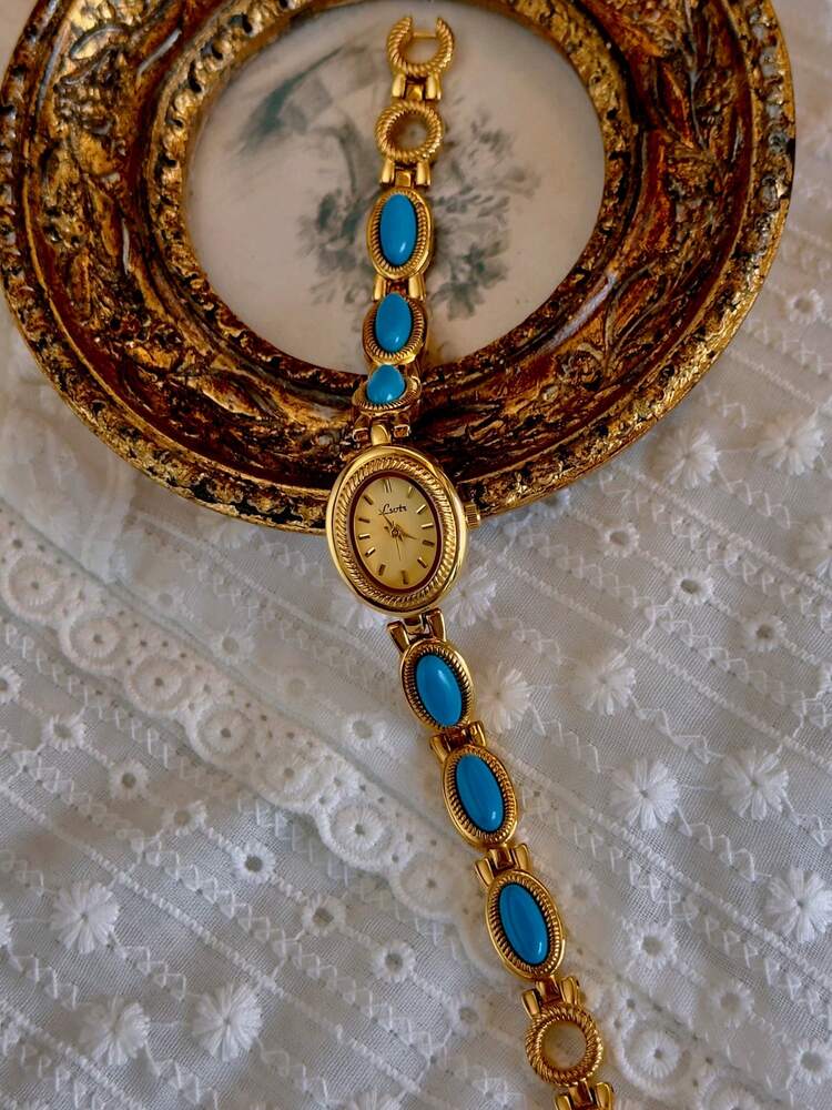 Ladies’ Vintage Turquoise Quartz Watch – Gold Oval Bracelet Design (30M Waterproof)