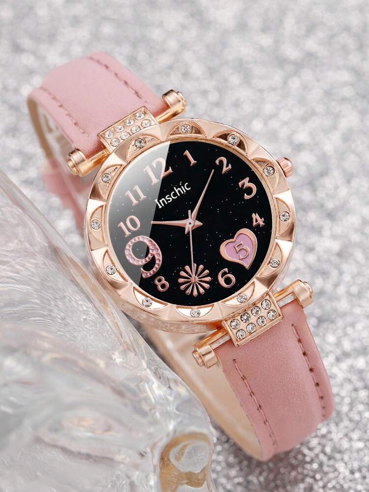 Women’s Rhinestone Heart Dial Watch Set – Elegant Pink Strap & Matching Heart Bracelet