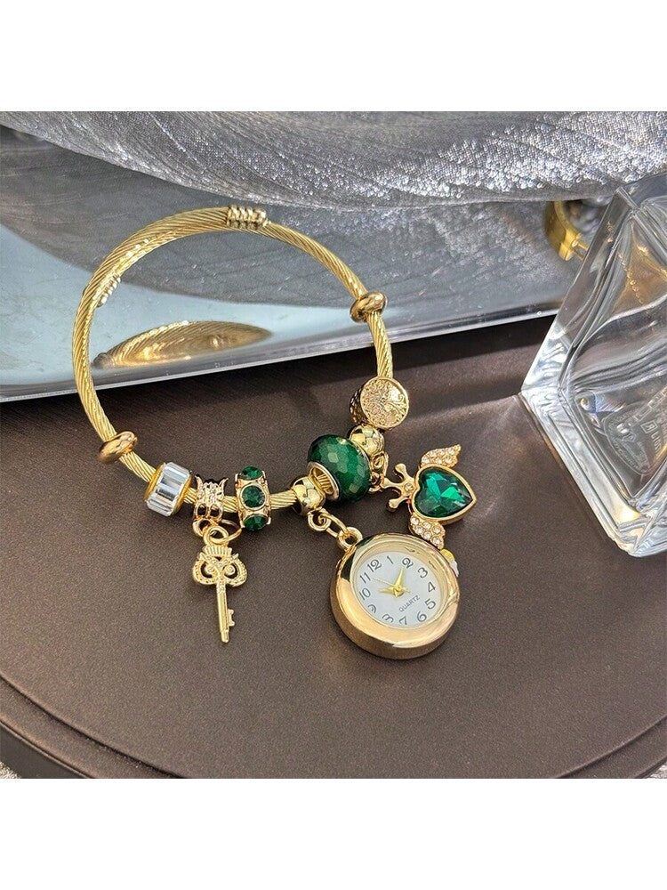 Women's Fashionable Stretch Bracelet Watch with Pink Heart, Floral, Rhinestone & Colorful Beads