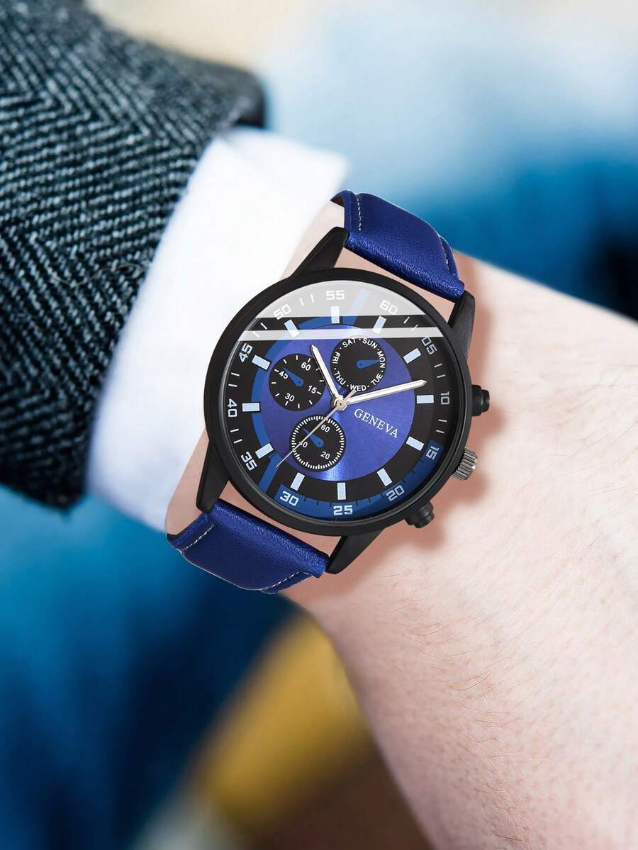 2Pcs Men's Black PU Leather Strap Fashionable Casual Classic Retro Three Eye Dial Quartz Watch Bracelet Set