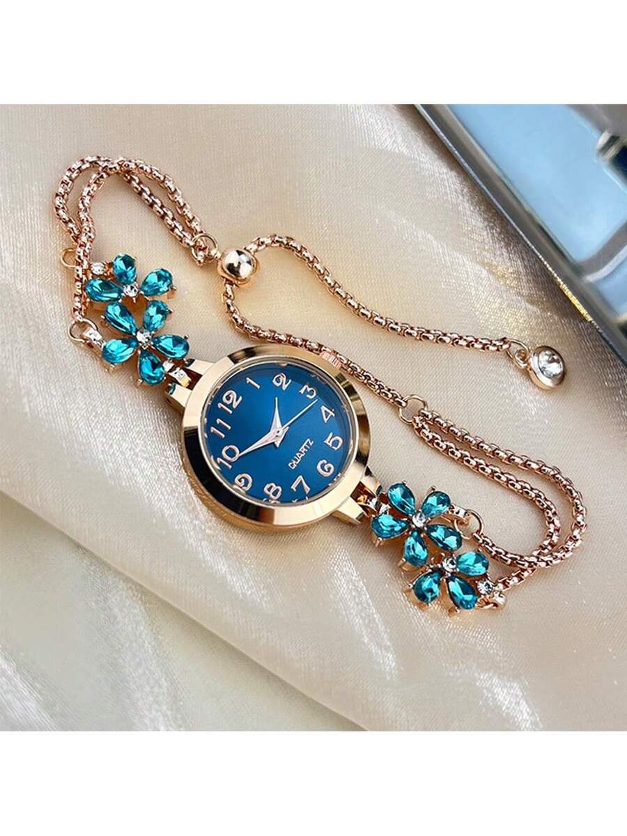Women's Elegant Quartz Watch – Floral Crystal Bracelet with Green Dial & Gold Accents