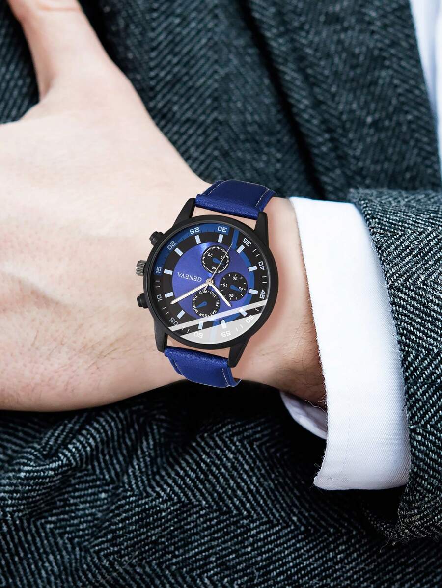 2Pcs Men's Black PU Leather Strap Fashionable Casual Classic Retro Three Eye Dial Quartz Watch Bracelet Set