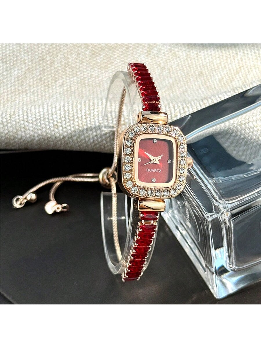 1pc Women's Black Cubic Zirconia Embellished Adjustable Bracelet Watch